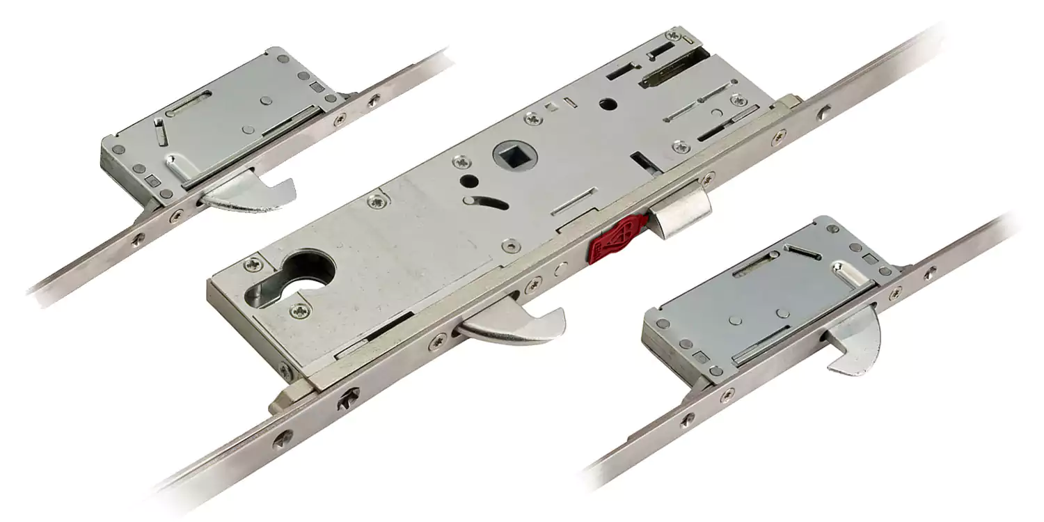 uPVC Door Lock Repair Doncaster set of five removed multi-point locking mechanisms against a new lock mechanism at the top